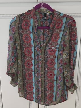 Kut from the Kloth Olive, Red & Teal Bohemian Print Button-Up Top